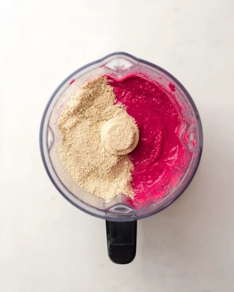 The image shows a top view of a blender cup placed on a white marbled surface. Inside the blender, there are two main layers side by side: one is a bright, deep pink smooth mixture on the right, and the other is a light beige grainy powder on the left. The blender cup is clear with a black handle at the bottom of the frame. The contrast between the vibrant pink and the pale beige powder is clear and distinct. Photo taken with an iphone --ar 4:5 --v 7