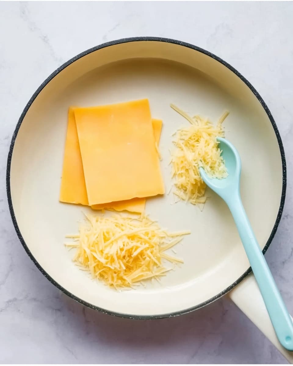 A white pan with a black rim sits on a white marbled surface. Inside the pan, there are two square slices of yellow cheese laid flat on the left side, with a small pile of shredded yellow cheese near the bottom center. A light blue spoon rests on the right side of the pan, touching the shreds, with some grated cheese on the spoon. The scene is bright and simple, focusing on the cheese and the pan. photo taken with an iphone --ar 4:5 --v 7