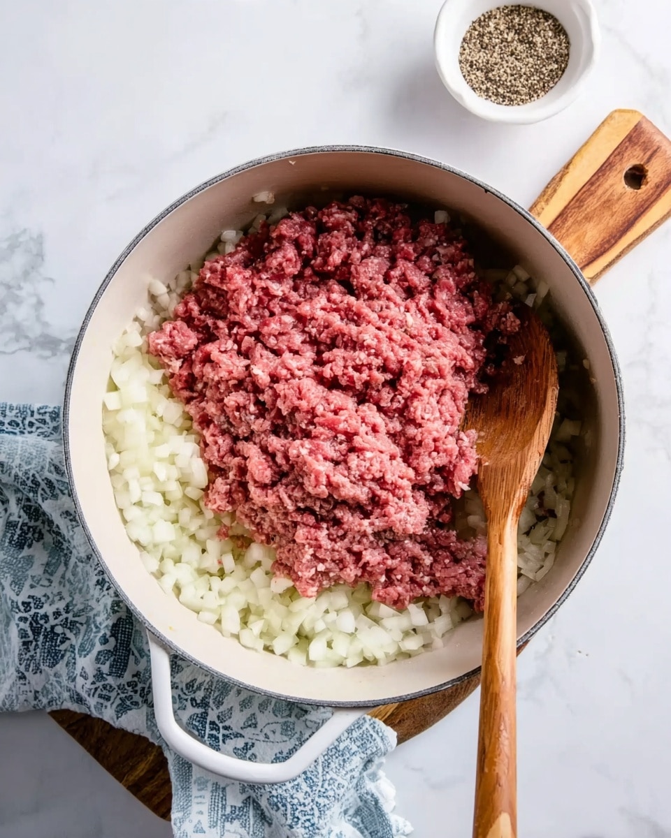 A white pot filled with two layers: the bottom layer is chopped white onions with a soft texture, and the top layer is raw ground meat in a pinkish-red color, spread evenly across the onions. A wooden spoon rests partly inside the pot, touching both layers. The pot is placed on a white marbled surface with a light blue and white patterned cloth nearby, and a round wooden board with a small white bowl of black pepper is visible in the background. photo taken with an iphone --ar 4:5 --v 7