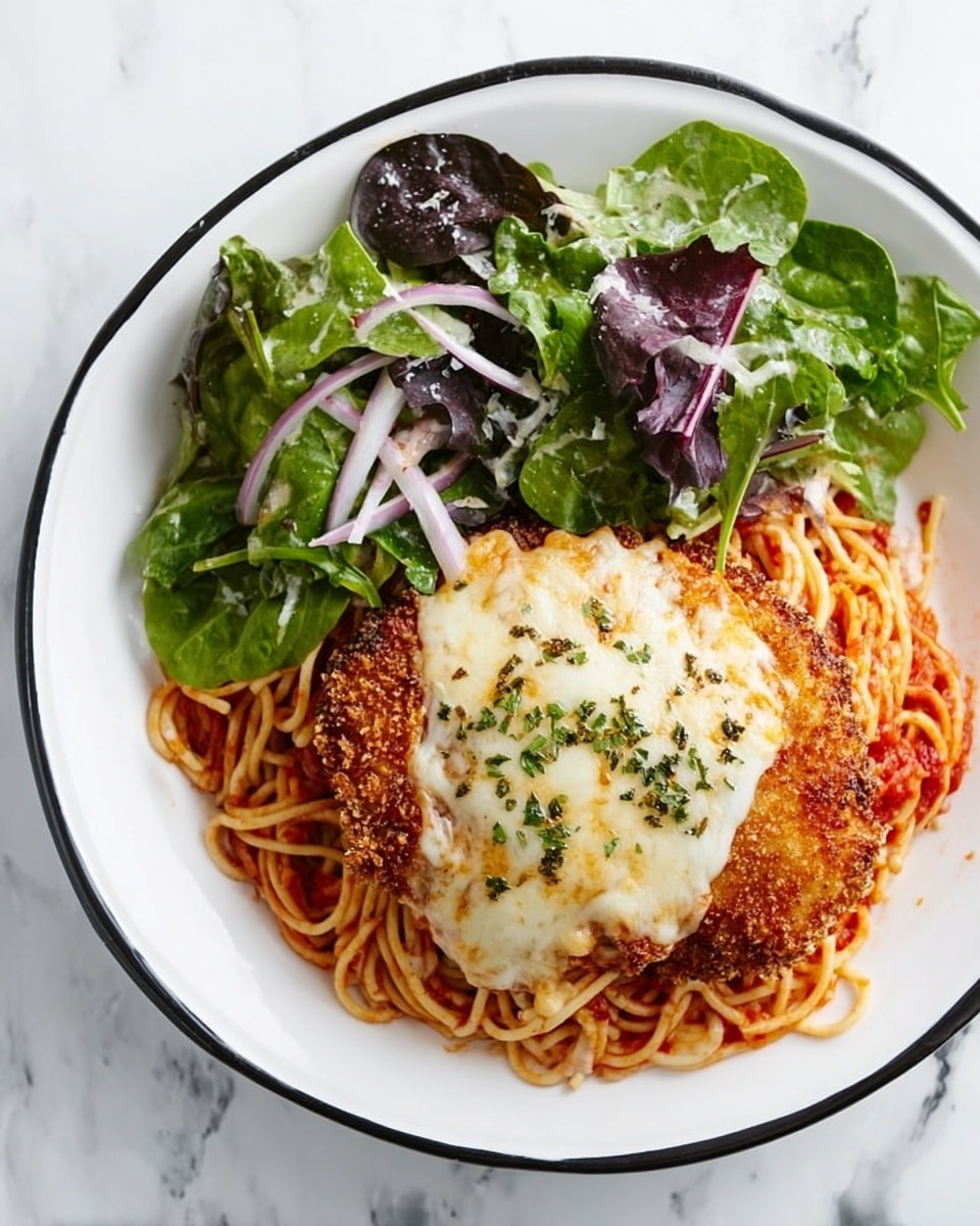 A white plate with a black rim shows a dish with three main parts. On the right side, there is a layer of spaghetti, covered in red tomato sauce with some herbs sprinkled on top. On top of the spaghetti lies a piece of breaded chicken, with a golden-brown crispy texture, covered by a melted layer of white cheese that is slightly bubbly and sprinkled with finely chopped green herbs. On the left side of the plate, there is a fresh salad made of dark green spinach leaves, purple mixed greens, and thin purple onion slices. The plate is placed on a white marbled surface. Photo taken with an iphone --ar 4:5 --v 7