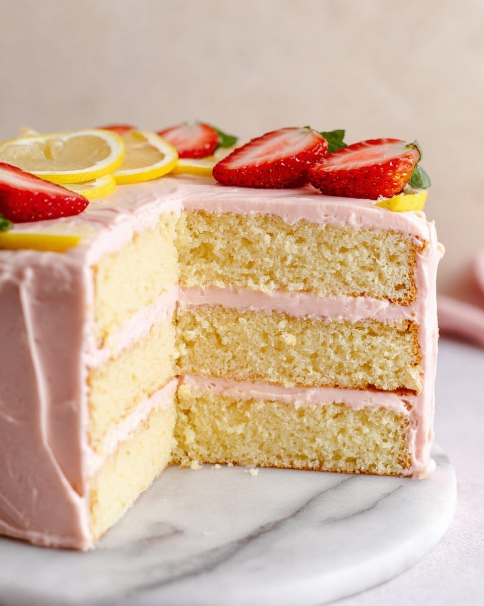 The image shows a three-layer cake with light yellow sponge layers separated by smooth, pale pink frosting. The top of the cake is covered with the same pink frosting and decorated with fresh, red strawberry slices and thin yellow lemon slices arranged neatly. The cake sits on a white marbled surface, with a soft focus on a cream-colored background. The texture of the sponge looks soft and moist, and the frosting is creamy and evenly spread. Photo taken with an iphone --ar 4:5 --v 7