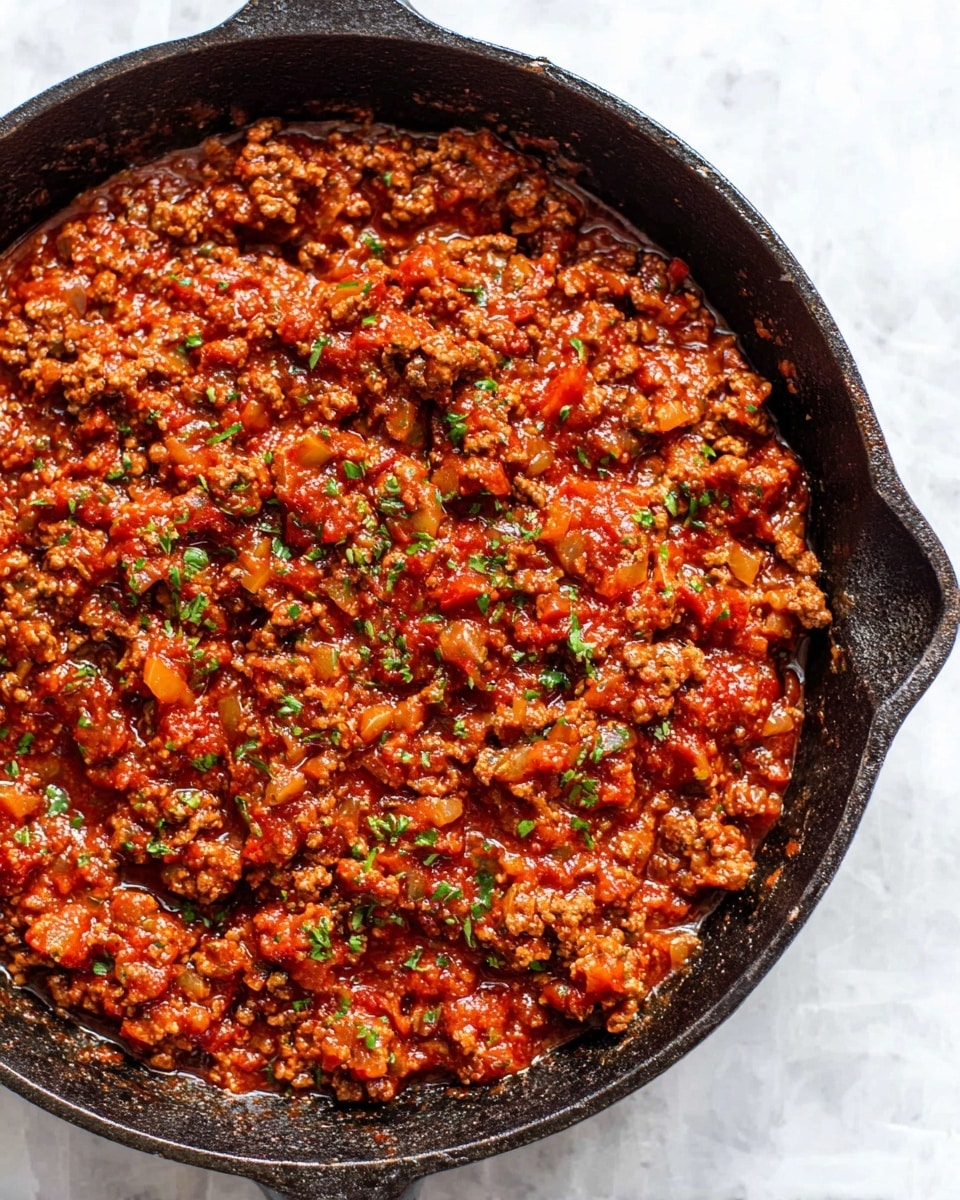 A cast iron skillet filled with a thick mix of cooked ground meat and diced vegetables, all coated in a rich red tomato sauce with visible chunks of onions and bits of green herbs scattered throughout, showing a slightly shiny, moist texture. The skillet’s black rough texture contrasts with the vibrant warm colors of the sauce. It sits on a white marbled surface, making the colors pop. The dish looks hearty and dense with no visible layers, just one main textured layer of mixed ingredients. photo taken with an iphone --ar 4:5 --v 7