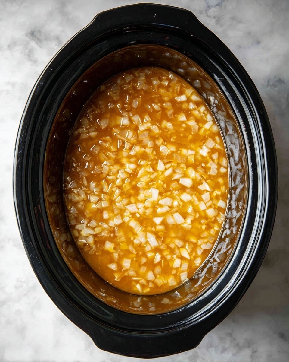 An oval black slow cooker filled with one layer of orange-yellow sauce mixed with many small pieces of white chopped onions, all covered evenly in the slow cooker. The slow cooker rests on a white marbled surface. photo taken with an iphone --ar 4:5 --v 7