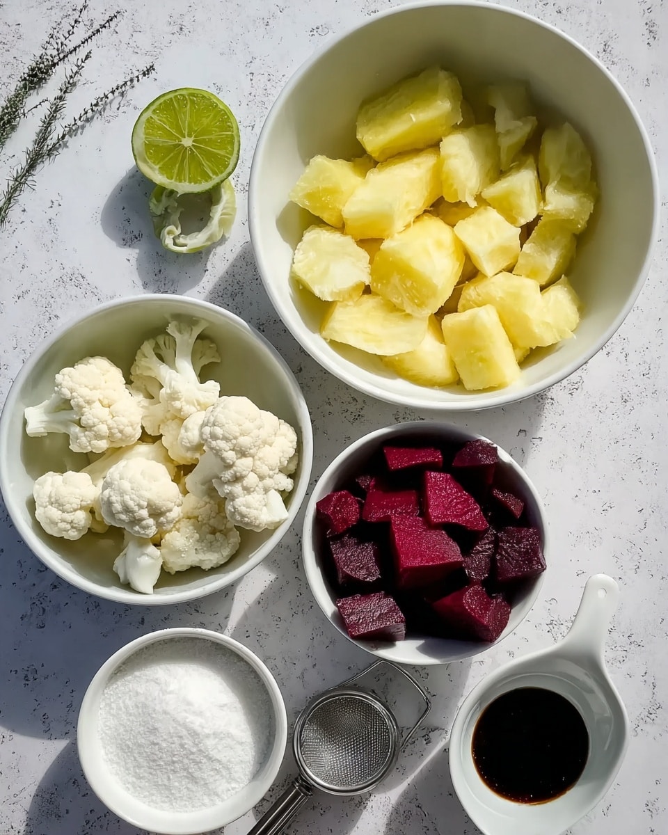The image shows several white bowls and small containers arranged on a white marbled surface with soft natural light. The largest white bowl is filled with chunky yellow pieces of frozen fruit. Next to it, a smaller white bowl holds frozen white cauliflower florets. Below, a small white bowl contains dark red cubed beets. There is a white bowl with fine white powder, placed near a halved lime with bright green flesh. A small metal measuring spoon filled with dark liquid sits nearby. An empty white bowl is also visible in the frame. Photo taken with an iphone --ar 4:5 --v 7