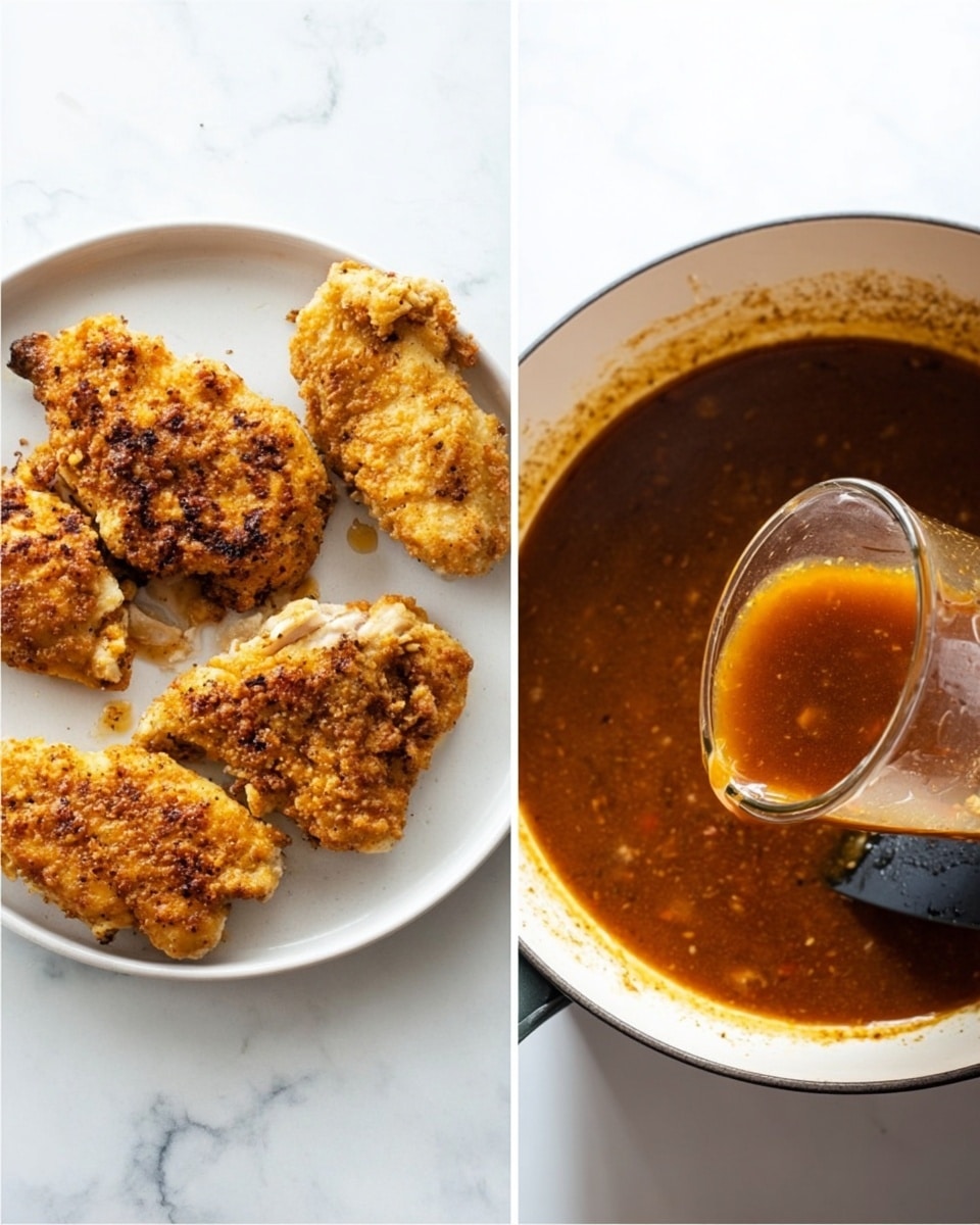 The image is split into two parts. On the left side, there is a white plate with four pieces of cooked chicken placed on a white marbled surface. The chicken pieces are golden brown with a crispy texture, showing some darker browned spots indicating a well-cooked crust. The pieces are arranged loosely without touching each other. On the right side, there is a white pot containing a rich brown sauce with visible bits of seasoning. A clear glass container is pouring more sauce into the pot, and a black spatula rests inside, stirring the sauce. The pot is also placed on the same white marbled surface. photo taken with an iphone --ar 4:5 --v 7