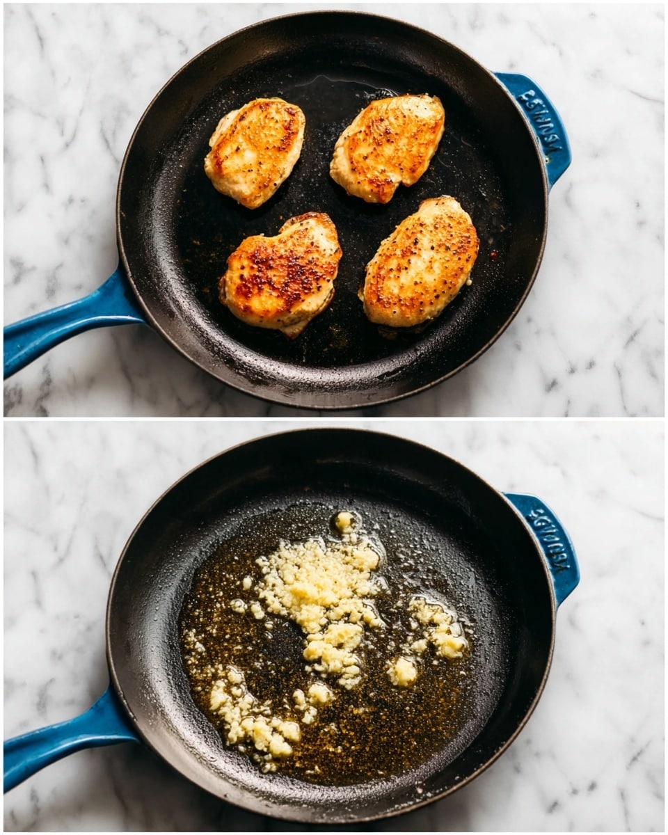 The image shows two views of a round black cast iron pan with a blue handle, sitting on a white marbled surface. In the first view, there are four cooked golden brown chicken pieces arranged evenly in the pan, each with a slightly crispy texture and browned spots. In the second view, the pan has melted butter with small pieces of minced garlic floating in the shiny melted butter, spread across the bottom of the pan. The pan’s texture is rough, and the background is smooth white marble. photo taken with an iphone --ar 4:5 --v 7