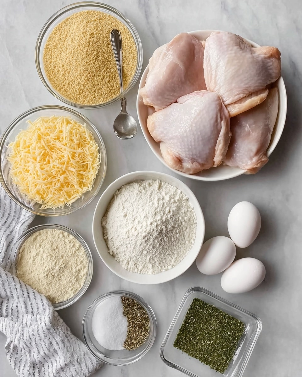 The image shows a white bowl filled with three large raw chicken pieces positioned at the top right. Surrounding it are several small clear bowls and containers filled with different ingredients, arranged neatly on a white marbled surface. Below the chicken bowl is a bowl of white powdery flour. To the left are bowls containing breadcrumbs in light brown and golden yellow shades, and shredded cheese in pale yellow. At the bottom left is a bowl of pale yellow panko crumbs. In the middle top row, there are two small containers holding mixed dried herbs and white salt. At the bottom right is a small square container of green dried herbs. Three white eggs lie side by side near the bottom center, close to a white and gray striped cloth on the lower left side. A spoon stands in the bowl of mixed herbs near the top center. photo taken with an iphone --ar 4:5 --v 7