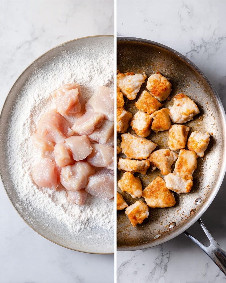 The image shows two side-by-side parts of cooking chicken. On the left side, raw chicken pieces with a light pink color are placed on a white plate with white flour spread around them. On the right side, the cooked chicken pieces, now golden brown with a slight crisp look, are in a silver frying pan. The background beneath both the plate and pan is a white marbled texture. photo taken with an iphone --ar 4:5 --v 7