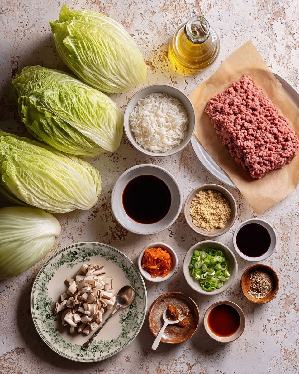 The image shows various ingredients neatly arranged on a textured beige surface. On the left side, several large fresh napa cabbage leaves are stacked on a white plate. Moving clockwise, there is a clear glass bottle filled with light oil, a small white bowl with cooked white rice, and a tiny dish containing minced ginger with some black pepper. Next, a small bowl holds chopped green onions. A large vintage white plate with green patterns carries a slab of raw ground meat on brown parchment paper. A brown bowl filled with finely chopped mushrooms sits near the meat. Several small bowls and dishes contain a variety of sauces and seasonings: a bowl with dark soy sauce, a bowl with sesame seeds and a spoon, a small dish with red chili sauce, a cup of dark liquid, a small bowl with brown powder, another small bowl with minced garlic, and a tiny bowl with light-colored sauce. The set-up is bright and clean, all against a white marbled texture. Photo taken with an iphone --ar 4:5 --v 7
