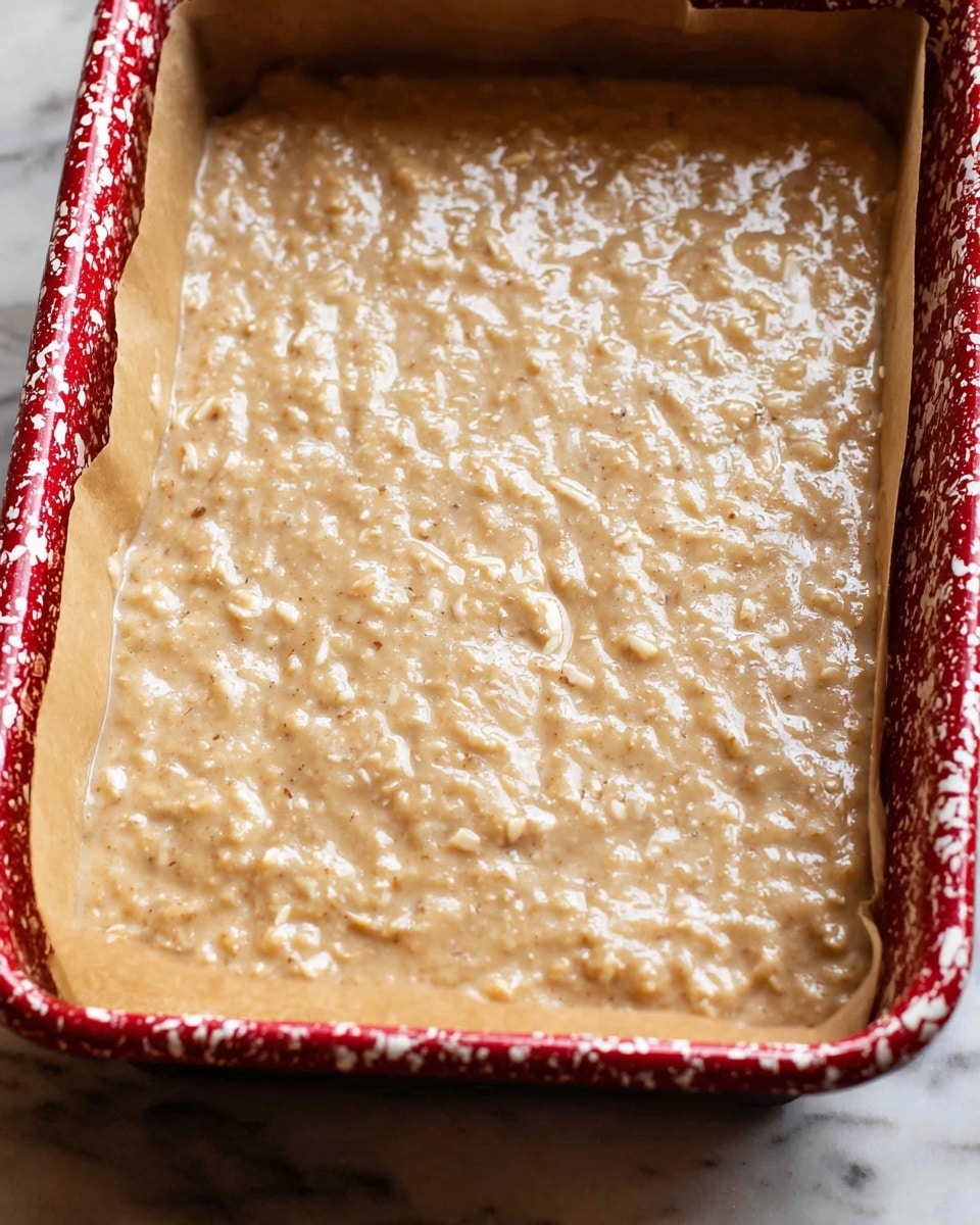 This close-up image shows a thick, light brown batter spread evenly in a rectangular baking pan lined with parchment paper. The batter has a slightly lumpy texture with small visible bits and a smooth sheen, filling the pan almost to the edges. The pan has a red, white-speckled rim, and the background surface is a white marbled texture. photo taken with an iphone --ar 4:5 --v 7