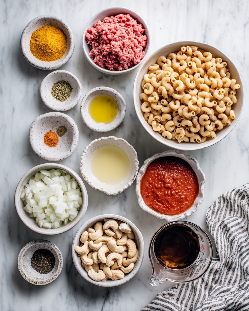 The image shows various ingredients arranged neatly on a white marbled surface, all in white bowls except for two small stone bowls. In the center, there is a large white bowl filled with elbow macaroni pasta, light brown in color. Above it, a medium white bowl contains raw ground meat with a pink and red texture. To the left, a small white bowl holds a yellow powder, and another small stone bowl has finely chopped garlic. Below the pasta, a medium white bowl is filled with chopped white onions. To the right of the onions is a small white bowl with light yellow oil. Above that, a small speckled white bowl contains whole cashew nuts with a creamy beige color. Next to the cashews is a small stone bowl with red tomato paste. Above the tomato paste, a scalloped white bowl holds several colorful spices arranged in small piles: beige, black, orange, and green. A small dark round bowl with a thick dark liquid stands next to the spice bowl. At the bottom right, a glass measuring cup holds light brown broth. A striped cloth is partially visible at the top right. photo taken with an iphone --ar 4:5 --v 7