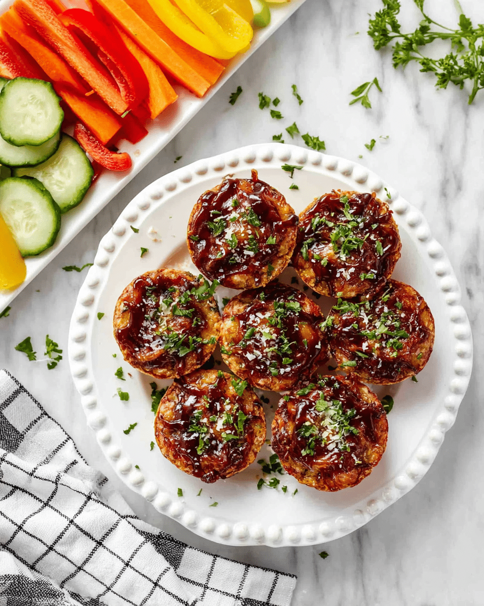 A white plate with a decorative scalloped edge holds seven round mini pizza cups arranged in a circle with one in the center. Each mini pizza cup has a golden-brown crust at the bottom, topped with a shiny dark red sauce layer, sprinkled with finely chopped green herbs and small bits of grated white cheese. The plate rests on a white marbled surface with some green herb pieces scattered around. In the top left corner, there is a white rectangular plate with colorful raw vegetables arranged in rows: red bell peppers, orange baby carrots, yellow bell peppers, and green cucumber slices. A white and black checkered cloth is partially visible under the plate. photo taken with an iphone --ar 4:5 --v 7