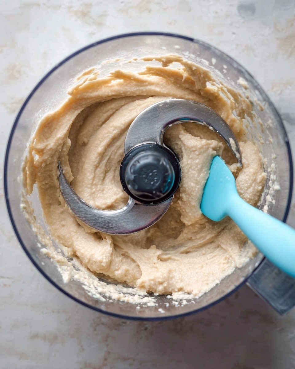 The image shows a close-up top view of a clear food processor bowl filled with a thick, light beige mixture that has a smooth but slightly chunky texture. Two sharp curved metal blades are in the center, partially covered by the mixture. A light blue spatula is resting on the right side inside the bowl, with some of the beige mixture sticking to it. The bowl is placed on a white marbled surface. The photo taken with an iphone --ar 4:5 --v 7