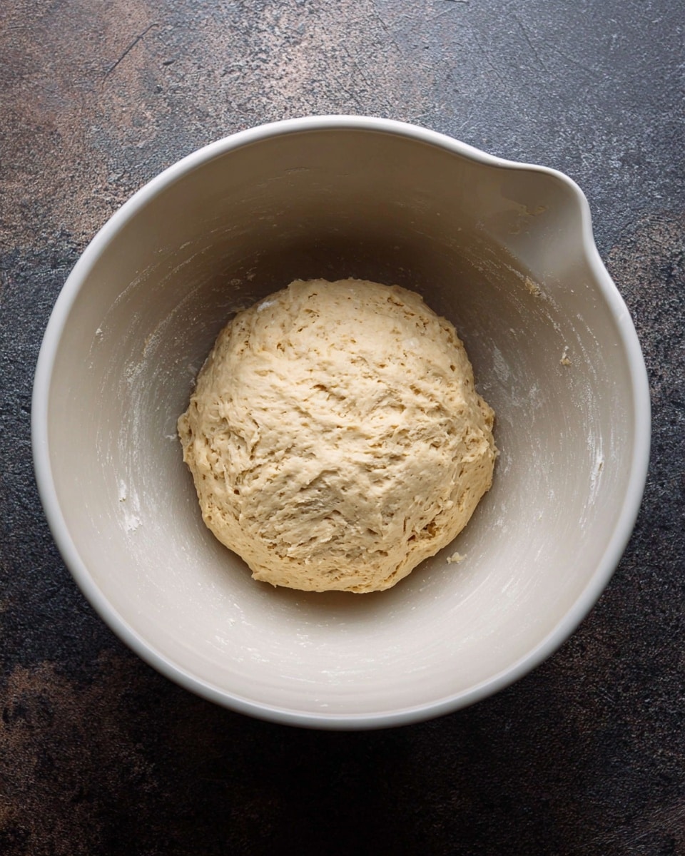The image shows a round ball of dough with a light beige color and soft, slightly uneven texture sitting inside a large white mixing bowl. The dough is placed in the center of the bowl, which has a smooth surface and a spout on the right side. The bowl is set on a dark, rough-textured surface. Photo taken with an iphone --ar 4:5 --v 7