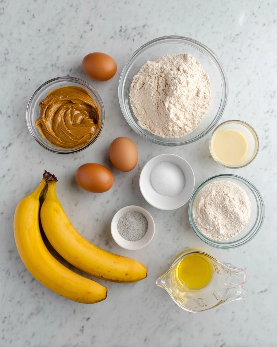 The image shows a white marbled surface with several clear glass bowls and a white bowl arranged neatly, each holding different ingredients. There are two ripe yellow bananas placed in the bottom left corner. A small glass bowl filled with light brown peanut butter is nearby. Another glass bowl contains a white powdery flour, and a larger white bowl holds two whole brown eggs. Close to the eggs is a small glass container with a white granular substance, and a small white bowl with a grayish powder. A small glass cup holds a yellow liquid, and next to it is a clear glass measuring cup filled with a light yellow liquid. All items are spaced out evenly, offering a clean and organized look. photo taken with an iphone --ar 4:5 --v 7