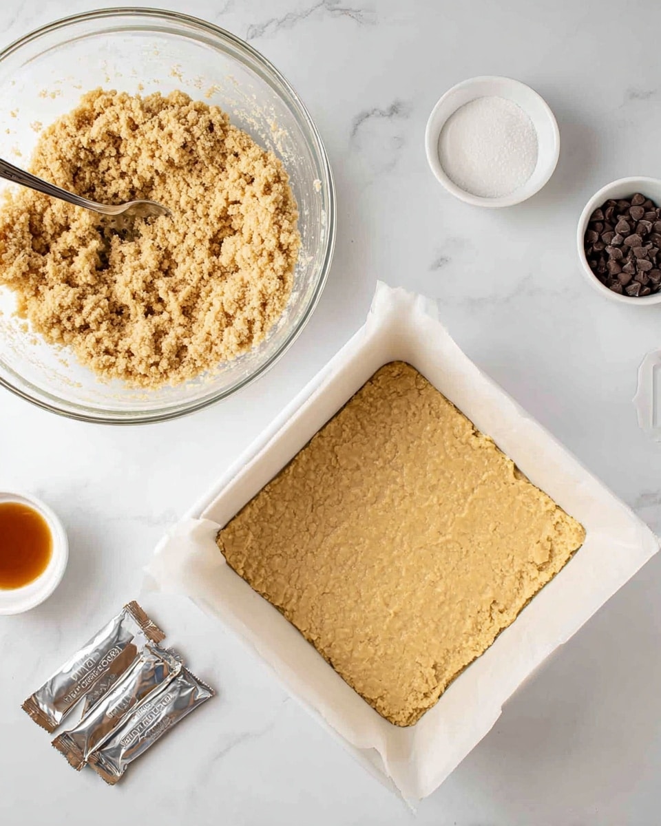 The image shows two stages of making a dough base for a dessert. On the left side, there is a clear glass bowl filled with crumbly, light brown dough mixture with a metal fork inside the bowl. On the right side, the dough is pressed evenly into a white square baking dish lined with parchment paper, creating a smooth, flat base of pale golden color. Around the baking dish, there are small bowls and packets containing ingredients like chocolate chips, sugar, and vanilla extract, all arranged on a white marbled surface. photo taken with an iphone --ar 4:5 --v 7