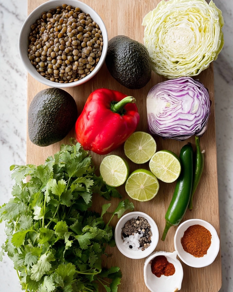 The image shows a wooden board on a white marbled surface with several fresh ingredients arranged neatly. In the top left corner, there is a white bowl filled with cooked lentils that have a mix of brown and beige colors. To its right, half a cabbage with pale green and white layers is placed next to a half purple onion, showing its light purple and white stripes. Below, there are two dark green avocados with bumpy skin beside a bright red bell pepper with a shiny texture and green stem. Four lime halves with a fresh green inside are lined up in the middle right, with two green chili peppers lying diagonally under them. At the bottom left, a large bunch of fresh green cilantro leaves spreads out. Two small white dishes hold spices, one with a reddish brown sauce and the other with piles of red, white, black, and brown powdered spices. The whole setup is bright, clean, and colorful with all the ingredients displayed in an organized way photo taken with an iphone --ar 4:5 --v 7
