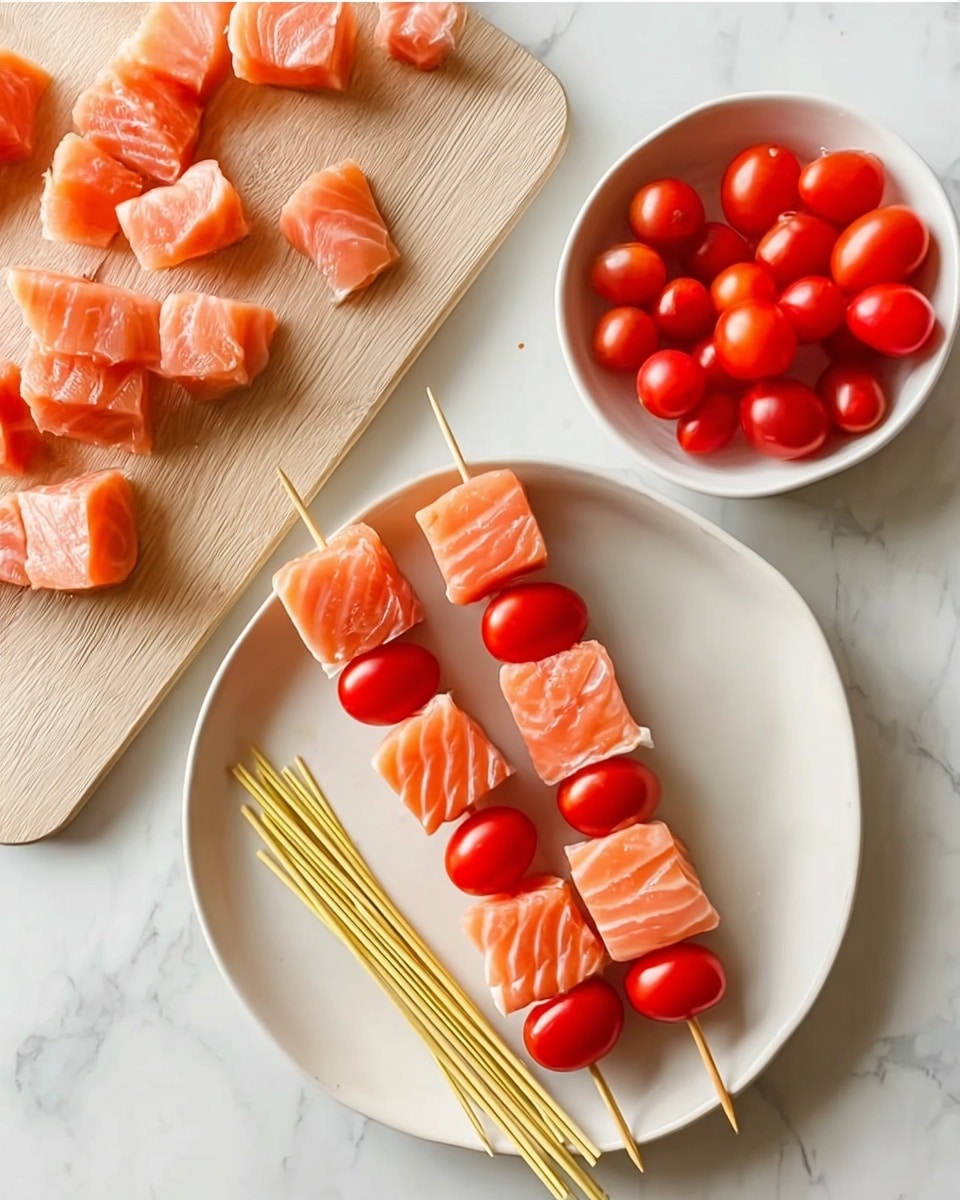 The image shows a white plate with two skewers placed on it, each skewer layered with alternating chunks of pink-orange salmon and bright red cherry tomatoes. The texture of the salmon is smooth with visible white lines of fat, while the tomatoes are shiny and round. Next to the plate, there are three bamboo skewers lying flat, pale yellow in color. Above the plate, there is a small round white bowl filled with more glossy cherry tomatoes. To the left, there are several salmon chunks scattered on a light beige cutting board. The scene is set on a white marbled surface. photo taken with an iphone --ar 4:5 --v 7