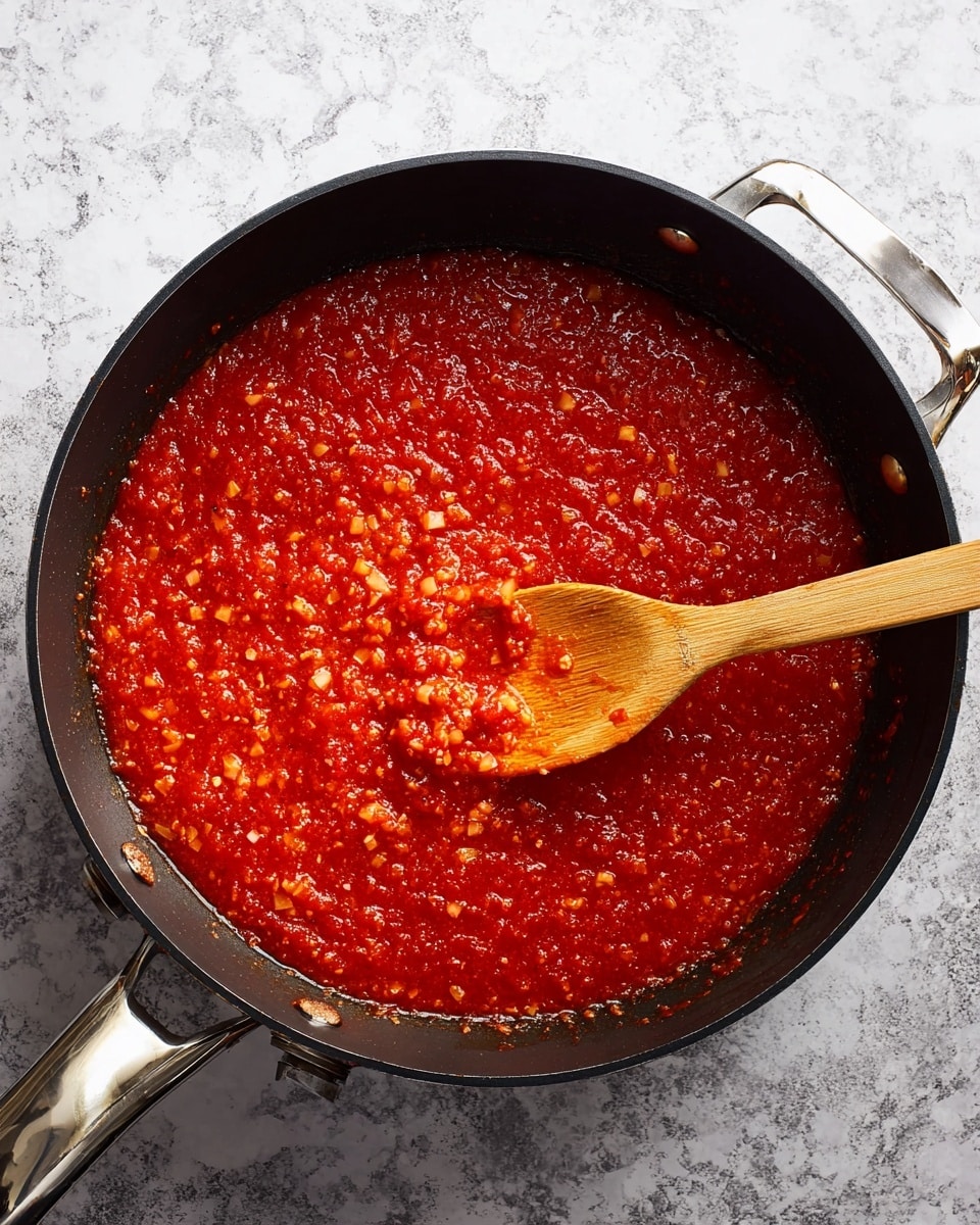 A black pan is filled with thick red sauce made of ground ingredients and small pieces of onion, giving it a textured look. A wooden spoon with some sauce on it lies inside the pan, resting on the surface of the sauce, spreading slightly from the center to the left side. The pan handles are silver and the background has a white marbled texture. photo taken with an iphone --ar 4:5 --v 7