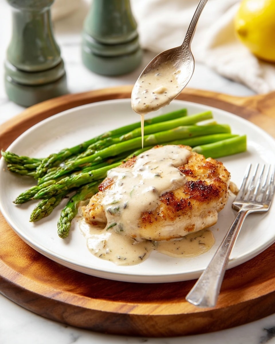 A cooked piece of golden brown chicken lies flat on a round white plate, topped with a thick light beige cream sauce that is being poured from a silver spoon above it. To the left of the chicken, there are several bright green steamed asparagus spears arranged in a neat cluster. A silver fork with cream sauce on its tip rests near the chicken’s bottom edge. The plate sits on a round wooden board, placed on a white marbled surface with a lemon and green pepper grinder visible in the background. photo taken with an iphone --ar 4:5 --v 7
