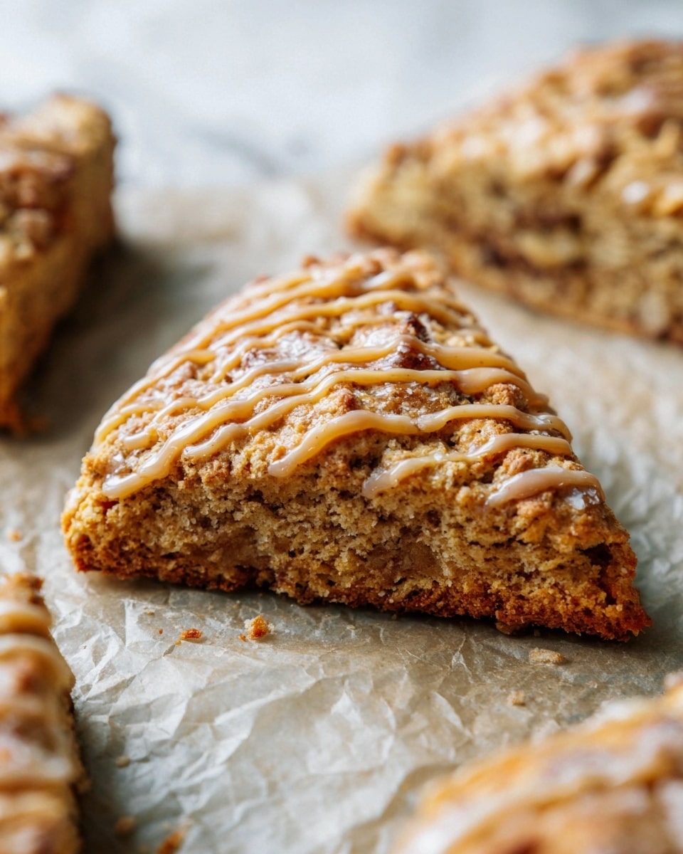A close-up view of a single triangular scone piece showing three main layers: the base layer is a light brown baked dough with a slightly crumbly texture, the middle layer appears moist and dense with a darker brown color hinting at a filling or mix inside, and the top layer is rough and crumbly with a golden-brown baked look, drizzled with thin lines of light brown icing. The scone sits on crumpled brown parchment paper over a white marbled surface. Nearby are blurred parts of other scone pieces in the foreground and background. Photo taken with an iphone --ar 4:5 --v 7