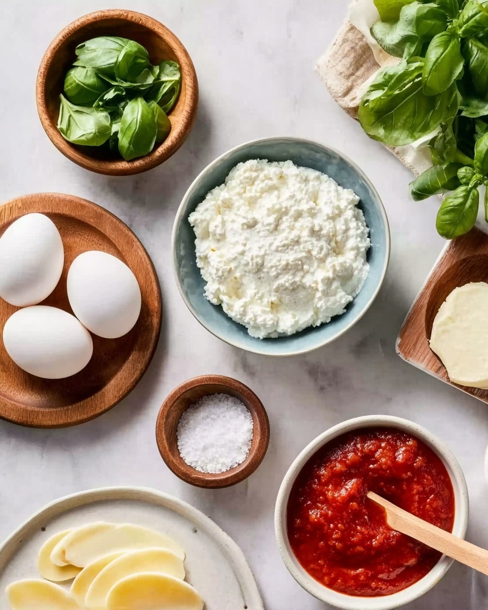 The image shows a top view of several small bowls and plates arranged on a white marbled surface. There is a small wooden bowl with fresh green basil leaves on the upper left, a white bowl with a blue inside filled with white cottage cheese placed slightly to the right and center, and a small wooden plate holding two plain white eggs towards the bottom left. Below the eggs is a white plate with thin, round slices of a pale yellow ingredient. Near the center, there is a very small wooden bowl with white salt. On the right side, there is a white bowl filled with red tomato sauce with a wooden spoon inside. At the top right, there is a glimpse of a white bowl with fresh green leaves. The photo taken with an iphone --ar 4:5 --v 7