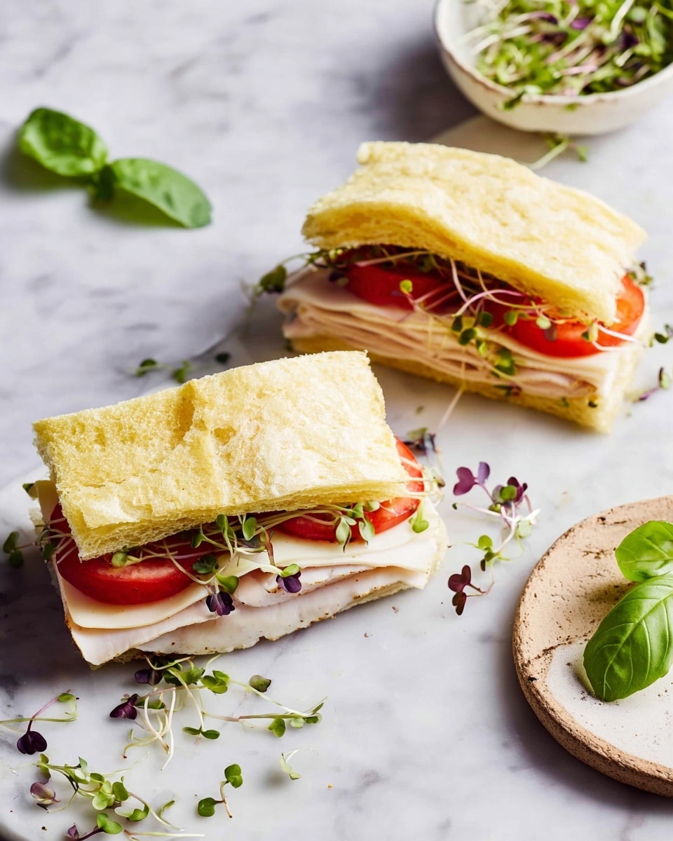 The image shows two folded sandwiches on a white marbled surface. Each sandwich has three layers: a soft, light yellow folded bread on top, slices of white cheese underneath, and thin, pale slices of turkey with bright red tomato slices on the bottom layer. Small green and purple microgreens are scattered inside and around the sandwiches, adding fresh color. Nearby, there is a small white bowl with more microgreens and a light wooden plate with a few green basil leaves. The whole scene looks fresh and bright with natural light. photo taken with an iphone --ar 4:5 --v 7