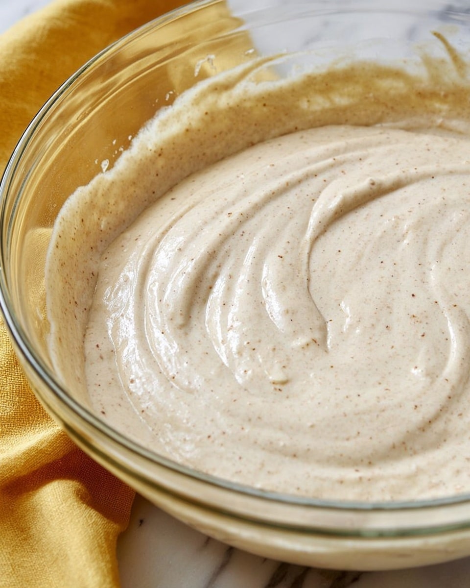 A close-up view of a clear glass bowl filled with a smooth, light beige batter that has small brown specks throughout. The batter's texture is creamy and slightly whipped, with soft peaks and gentle swirls showing movement from stirring. The bowl sits on a white marbled surface with a soft yellow cloth partially visible underneath the bowl. Photo taken with an iphone --ar 4:5 --v 7
