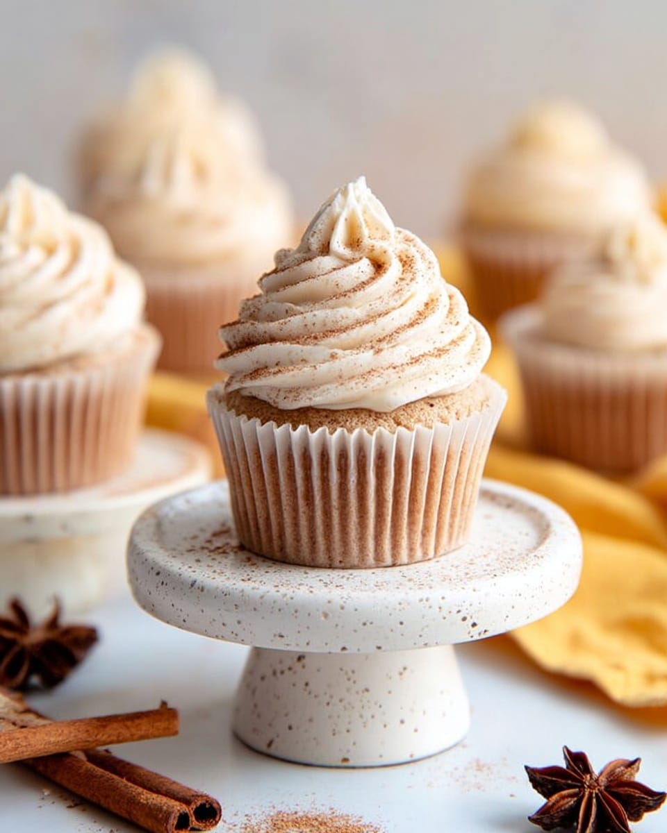 A single cupcake is placed on a small white cake stand with speckled texture. The cupcake has a light brown base and is topped with a tall swirl of creamy white frosting sprinkled lightly with cinnamon powder. In the background, there are several more similar cupcakes, softly blurred, also with light brown bases and swirled white frosting. Star anise and cocoa powder are scattered on the white marbled surface below, next to a folded yellow cloth. The overall color tone is warm and soft, with the focus on the front cupcake. photo taken with an iphone --ar 4:5 --v 7