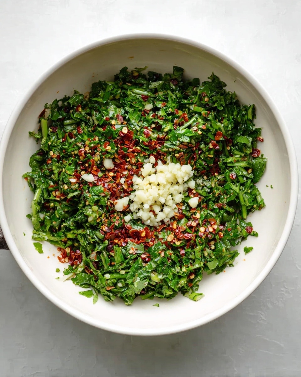 A white bowl filled with chopped fresh green herbs that cover the base layer, sprinkled with red chili flakes scattered unevenly on top, and small clumps of finely minced white garlic placed in the center and spread slightly outward. The bowl is placed on a white marbled surface. Photo taken with an iphone --ar 4:5 --v 7