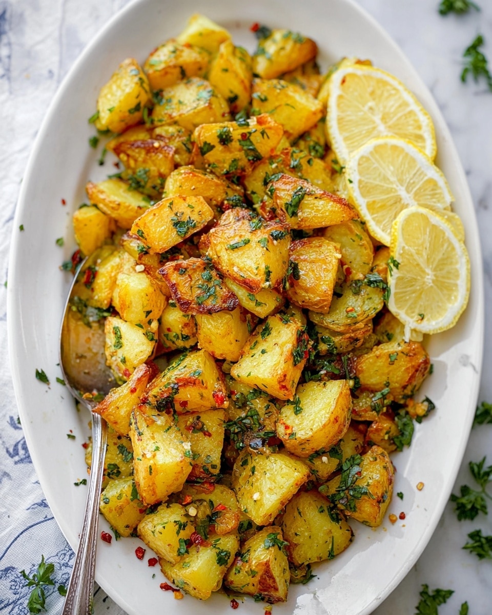 The image shows a white oval plate filled with golden roasted potato chunks that have light brown crispy edges. The potatoes are covered with green chopped herbs and small red pepper flakes scattered throughout. Two lemon wedges are placed on the top edge of the plate. A silver spoon is partially visible on the left side, resting on the plate. The plate sits on a white marbled surface with some scattered green herbs around it. Photo taken with an iphone --ar 4:5 --v 7