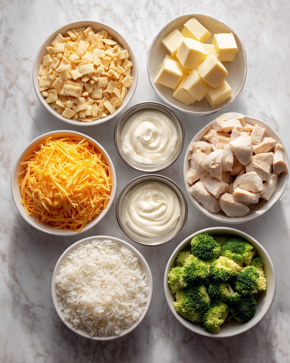 The image shows seven white bowls arranged on a white marbled surface, each filled with different ingredients. From top right going clockwise, the first bowl contains crushed light yellow crackers with a crumbly texture. Next to it is a small bowl with three pale yellow butter cubes. Below is a bowl filled with white cooked rice that looks fluffy and soft. To the bottom right is a bowl with green broccoli florets that look fresh and firm. Near it are two small metal cups of smooth, creamy white sauce with a light swirl on top. On the left side, there is a bowl filled with bright orange shredded cheddar cheese. Above it is a bowl containing pale beige cooked chicken pieces that look moist and tender. The bowls are neatly placed, showing clear, separate layers of colors and textures for each ingredient photo taken with an iphone --ar 4:5 --v 7