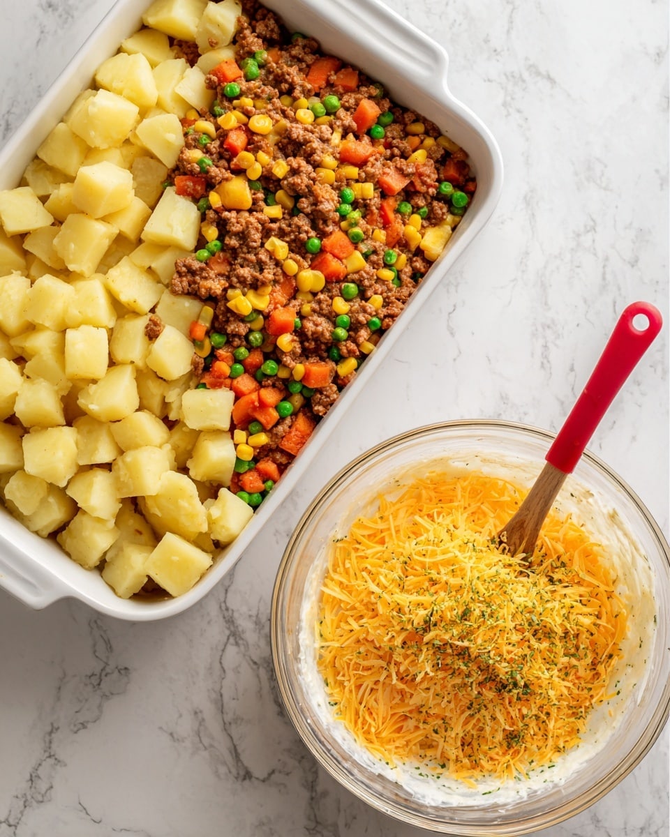 The left side shows a white rectangular baking dish filled with two layers: the bottom layer is pale cubed potatoes spread evenly, and on top is a mix of cooked ground meat with small pieces of orange carrot, yellow corn, green peas, and onions, creating a colorful texture. The right side shows a clear glass mixing bowl containing a mix of white sauce, a heap of grated bright orange cheese, and sprinkled green herbs, with a red spatula resting inside. Both dishes are on a white marbled surface. photo taken with an iphone --ar 4:5 --v 7
