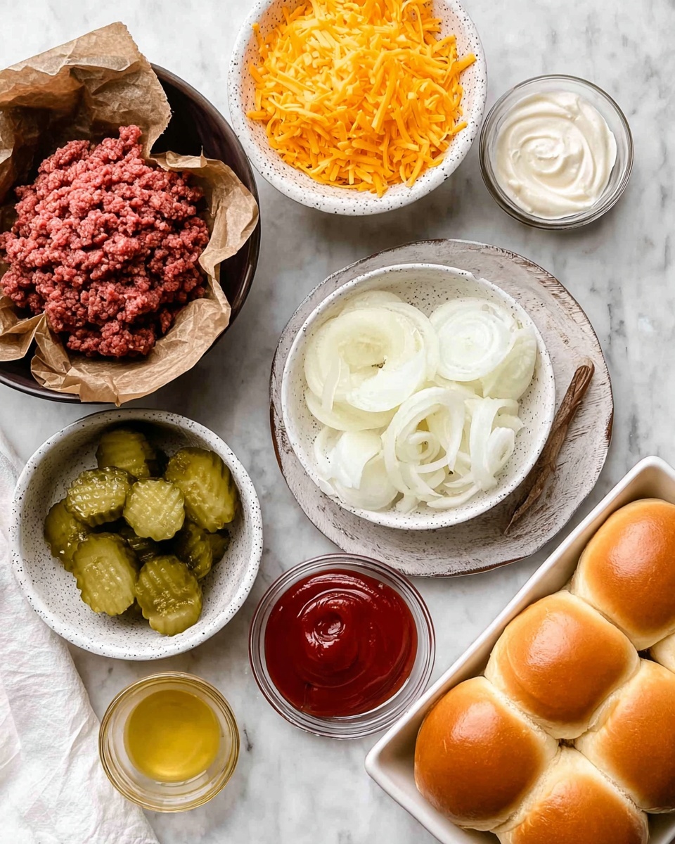 A top view of ingredients for a meal placed on a white marbled surface, featuring a dark round bowl lined with crumpled brown parchment paper filled with raw ground beef at the top left; below it, a white bowl filled with shredded bright orange cheddar cheese; next to it, a white speckled small bowl holding several crinkle-cut green pickles on a rustic white wooden tray; to the right, there is a white bowl filled with white sliced onions, and a small round white speckled bowl with red ketchup and white mayonnaise swirled together; at the bottom right, a small glass bowl filled with melted butter, and next to it, a white rectangular container holding four golden brown soft sandwich rolls photo taken with an iphone --ar 4:5 --v 7