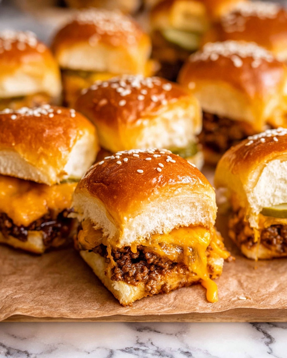 Several small sliders are placed close together on brown parchment paper over a white marbled surface. Each slider has three visible layers: a soft, shiny golden-brown bun with white sesame seeds on top, a middle layer of melted orange cheddar cheese, and a bottom layer of cooked, crumbly ground beef mixed with thin translucent onion slices. One slider in the front shows a layer of green pickle slices under the top bun. The sliders have a warm and fresh appearance, with some melted cheese slightly dripping around the edges. Photo taken with an iphone --ar 4:5 --v 7