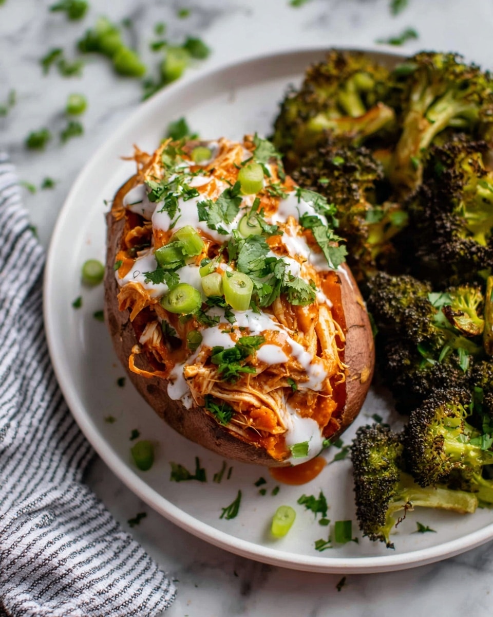 A white plate holds a baked sweet potato as the main focus, split open and filled with shredded orange chicken layered on top. The chicken is drizzled with white creamy sauce and orange hot sauce. Green sliced scallions and fresh cilantro leaves are scattered on the chicken for color contrast. Beside the sweet potato, there are roasted broccoli florets with dark green and slightly charred edges. The plate rests on a white marbled surface with a striped cloth partially visible under the edge. photo taken with an iphone --ar 4:5 --v 7