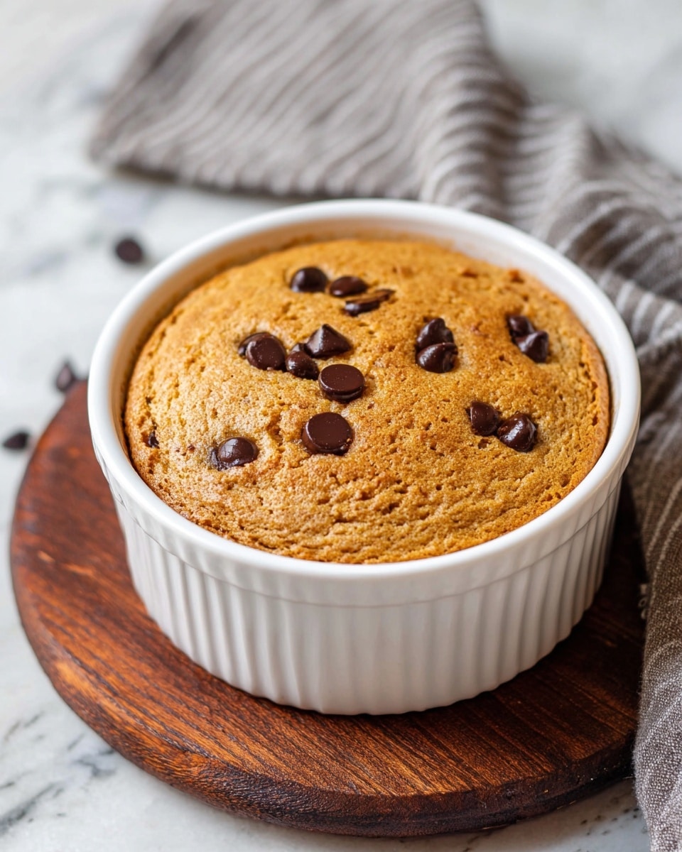 A round, single-layer, golden brown baked cake with a slightly cracked textured top is seen inside a white round ramekin dish. The cake has dark chocolate chips scattered on its surface, adding contrast to the golden color. The ramekin sits on a dark wooden round board, and a gray and white striped cloth is draped near it. The background has a white marbled texture. Photo taken with an iphone --ar 4:5 --v 7