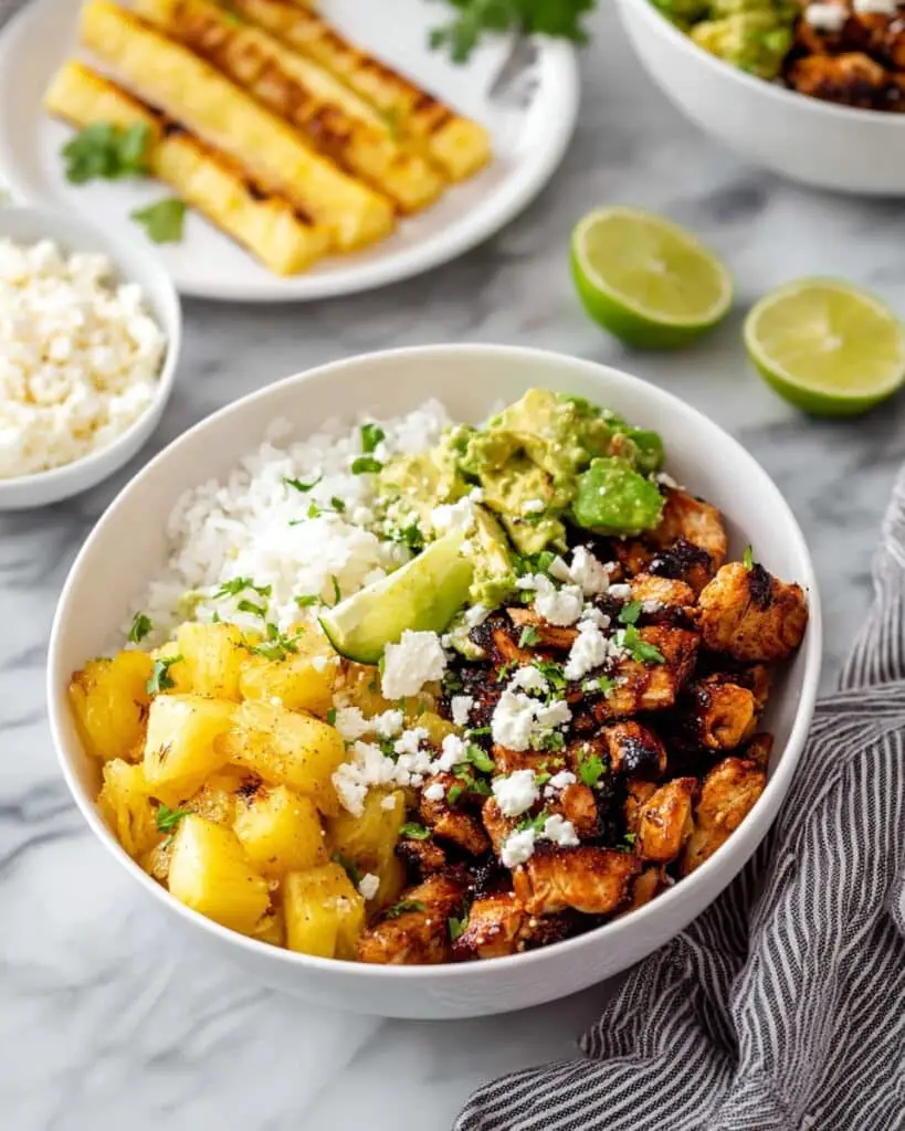 Grilled Chicken al Pastor Bowls with Pineapple, Avocado, and Salsa Verde Recipe