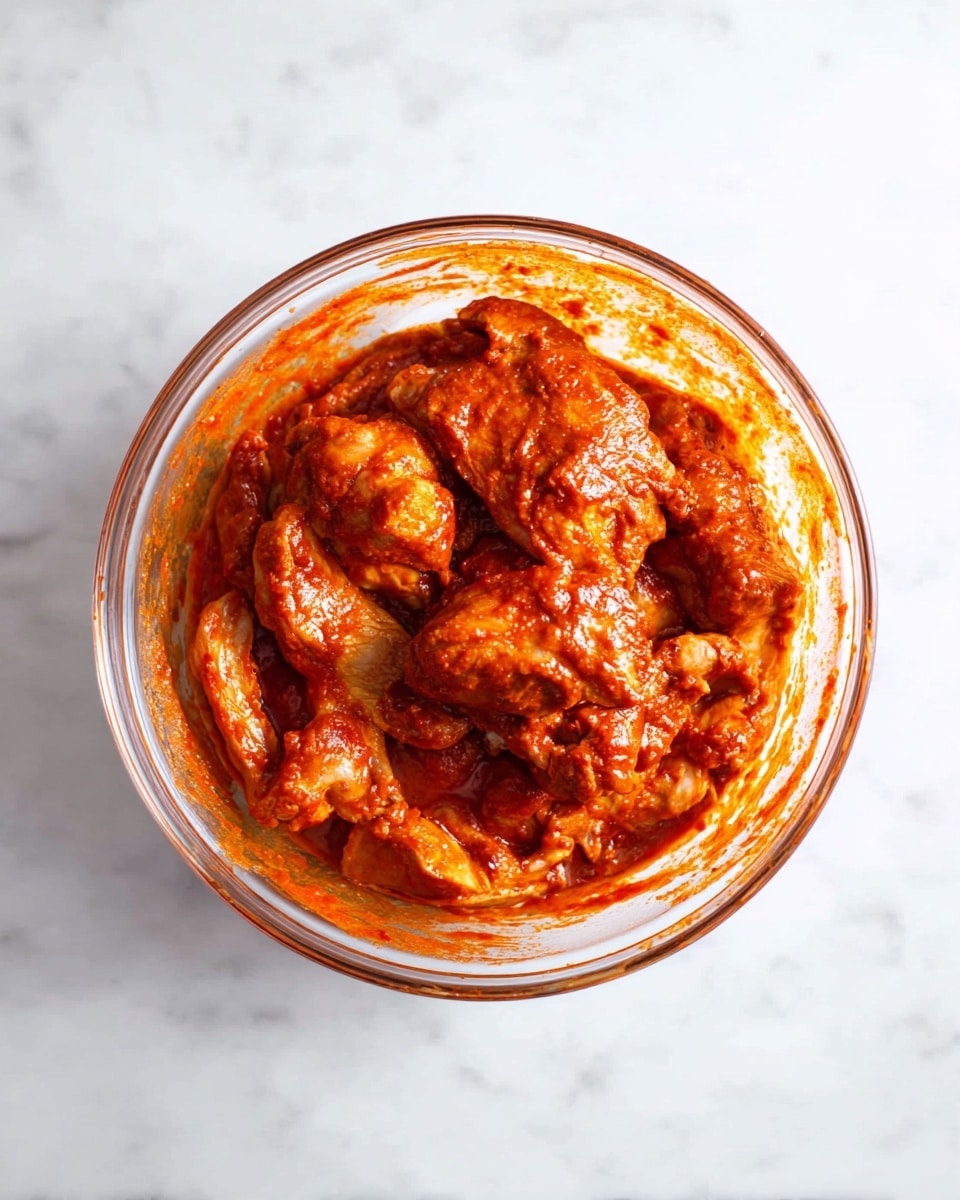 A clear round glass bowl sits on a white marbled surface, filled with raw chicken pieces coated in a thick, bright red-orange sauce. The chicken pieces are layered unevenly, covered fully in the thick sauce that has a smooth and slightly chunky texture. The sauce sticks to the sides of the bowl with visible streaks, showing its rich and dense consistency. photo taken with an iphone --ar 4:5 --v 7