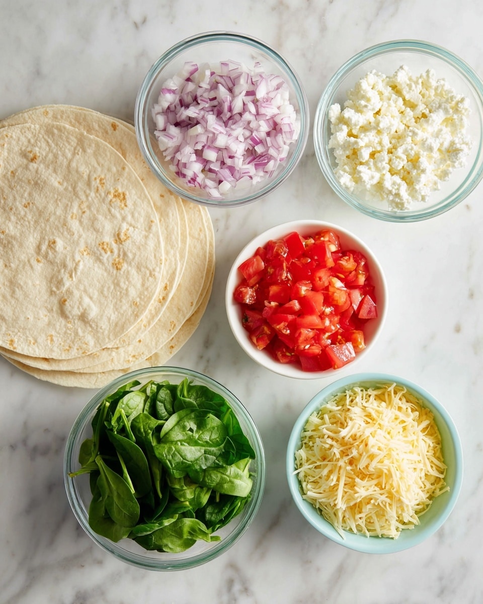The image shows five small bowls and a stack of tortillas on a white marbled surface. Starting from the top left, there is a clear glass bowl filled with finely chopped light purple onions. To the right of it, another clear glass bowl contains white crumbled cheese with a soft texture. Below the onions, a white bowl holds bright red chopped tomatoes with a juicy appearance. To the right, another white bowl is filled with pale yellow shredded cheese that looks slightly coarse. At the bottom, a light blue bowl contains fresh green spinach leaves, some folded or layered. On the left side, there is a stack of soft, pale tortillas slightly overlapping each other. The photo is taken with an iphone --ar 4:5 --v 7