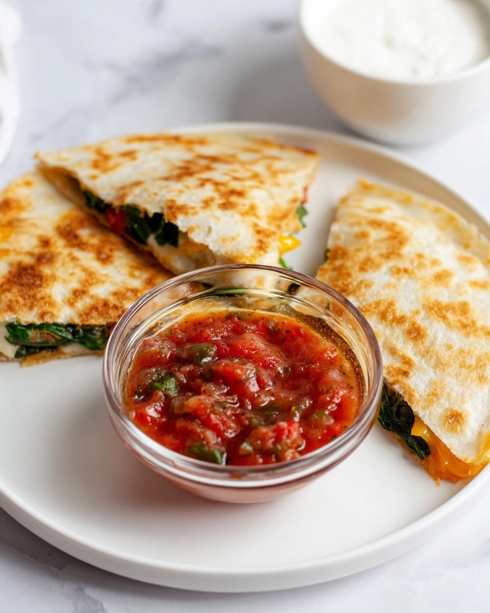 The image shows a white plate with three triangular pieces of quesadilla, each piece has a crispy, golden-brown toasted layer on top with a slightly uneven texture. Inside the quesadilla, there are visible layers of green spinach, melted pale yellow cheese, and small bits of red pepper. In the center of the plate, there is a small clear glass bowl filled with chunky red salsa with green and darker red vegetable pieces visible in the sauce. The plate is placed on a white marbled surface, and in the background, a white bowl with a smooth, white creamy sauce is slightly out of focus. Photo taken with an iphone --ar 4:5 --v 7