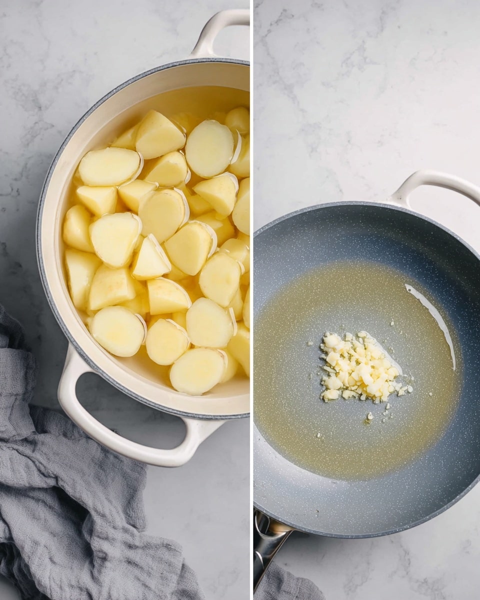 The image shows two side-by-side views of cooking preparations on a white marbled surface with a soft gray cloth nearby. On the left, there is a white pot with two handles filled with peeled potato halves, submerged in clear water, arranged in a single layer. On the right, a gray frying pan contains melted butter in a ring shape, with a small pile of minced garlic placed in the center. The colors are soft and natural, with the potatoes pale yellow and the garlic light beige. Photo taken with an iphone --ar 4:5 --v 7