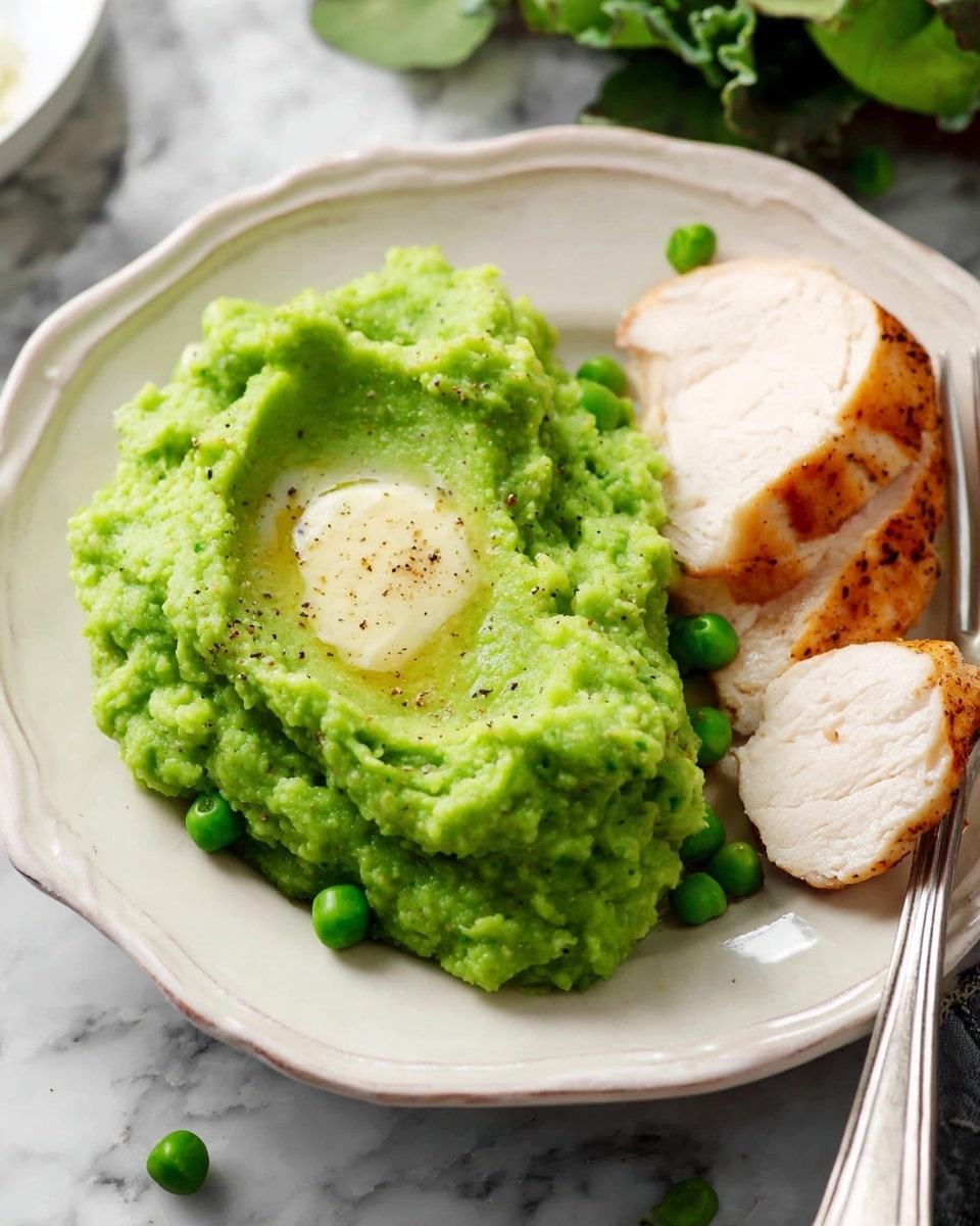 On a white plate with a slightly scalloped edge, there is a serving of bright green mashed peas that look soft and creamy, with a small melted spot of butter on top speckled with black pepper, positioned on the left side. On the right side of the plate, there are a few pieces of sliced cooked chicken with a golden-brown outside and white inside, showing a moist texture. A silver fork sits near the top right edge of the plate. The plate is placed on a white marbled surface, with some green leafy vegetables blurry in the background. Photo taken with an iphone --ar 4:5 --v 7