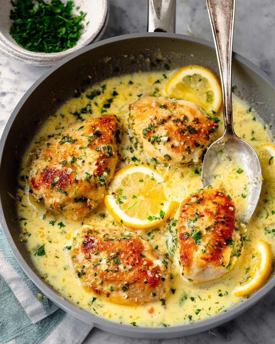The image shows a gray pan filled with four light golden pieces of chicken sitting in a creamy pale yellow sauce with small green herb bits scattered throughout. Two thin lemon slices peek out under the chicken pieces. A silver spoon rests on the right side of the pan, partially submerged in the sauce. In the background, there is a small white bowl filled with chopped green herbs placed on a white marbled surface. Photo taken with an iphone --ar 4:5 --v 7