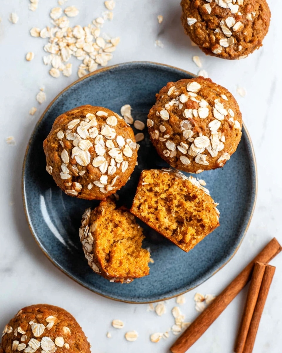 A blue plate holds three orange-brown muffins topped with white oat flakes. One muffin on the plate is broken into two uneven pieces, showing a soft, crumbly texture. Around the plate, three whole muffins rest on a white marbled surface, also sprinkled with oat flakes. On the right side, there are two brown cinnamon sticks placed diagonally. The overall look is warm and cozy with simple autumn colors. photo taken with an iphone --ar 4:5 --v 7