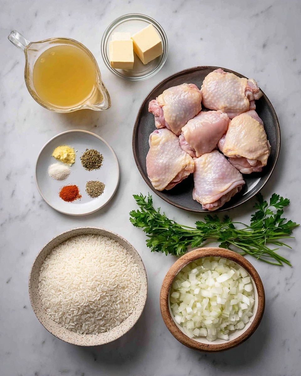 The image shows an arrangement of raw ingredients on a white marbled surface. At the center right, a round dark bowl holds seven pieces of raw chicken thighs, pink with some slight shiny areas. Below the bowl, a small clear glass pitcher contains light yellow broth. To the bottom left, a white bowl is filled with uncooked white rice grains. Just above it, a small white plate holds an array of spices, including paprika, garlic powder, salt, black pepper, and dried herbs, each forming a small colorful pile. To the top left of the chicken, a small clear dish contains three cubes of butter, pale yellow and smooth. Above this, a wooden bowl holds minced garlic, pale beige in color. To the bottom right, a rustic bowl with white interior is filled with chopped white onions, roughly diced. Bright green parsley sprigs are placed at the top edge and bottom right corner of the image. Photo taken with an iphone --ar 4:5 --v 7