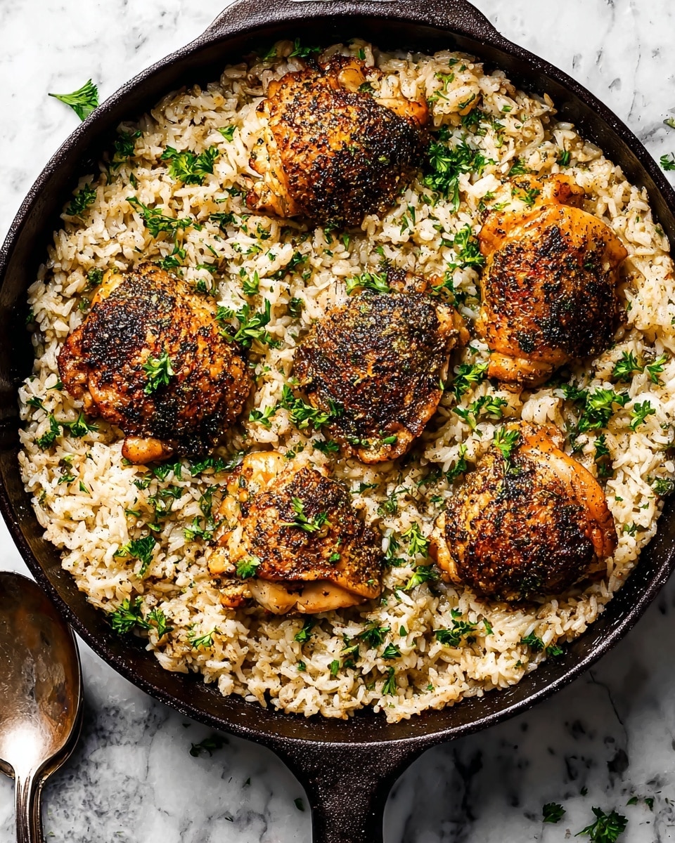 A round black cast iron pan filled with a thick single layer of cooked rice that is light beige with small bits of herbs mixed in, topped with six pieces of golden-brown chicken thighs evenly spaced on top. The chicken pieces have a crispy, darkened herb crust with green parsley leaves scattered over them and the rice. The pan is set on a white marbled textured surface with a silver spoon partially visible in the lower left corner. photo taken with an iphone --ar 4:5 --v 7