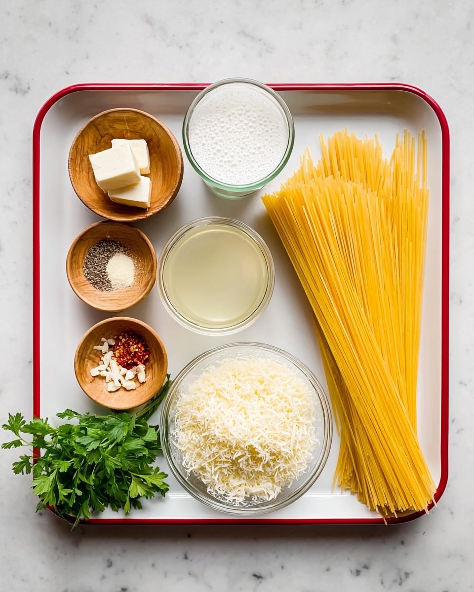 The image shows a white tray with a red rim placed on a white marbled surface. On the tray, there is a bundle of uncooked yellow spaghetti laying diagonally on the right side. On the bottom right, there is a clear glass bowl filled with finely grated white cheese. Above that, there is a glass filled with a foamy white liquid. In the middle, there is a small glass jar with a light yellow liquid. On the left side, three small round wooden bowls contain different ingredients: the top bowl has a small block of white butter, the middle bowl holds minced garlic and red chili flakes, and the bottom bowl contains black pepper and white salt. Additionally, a small bunch of fresh green parsley lies on the lower left corner of the tray. Photo taken with an iphone --ar 4:5 --v 7