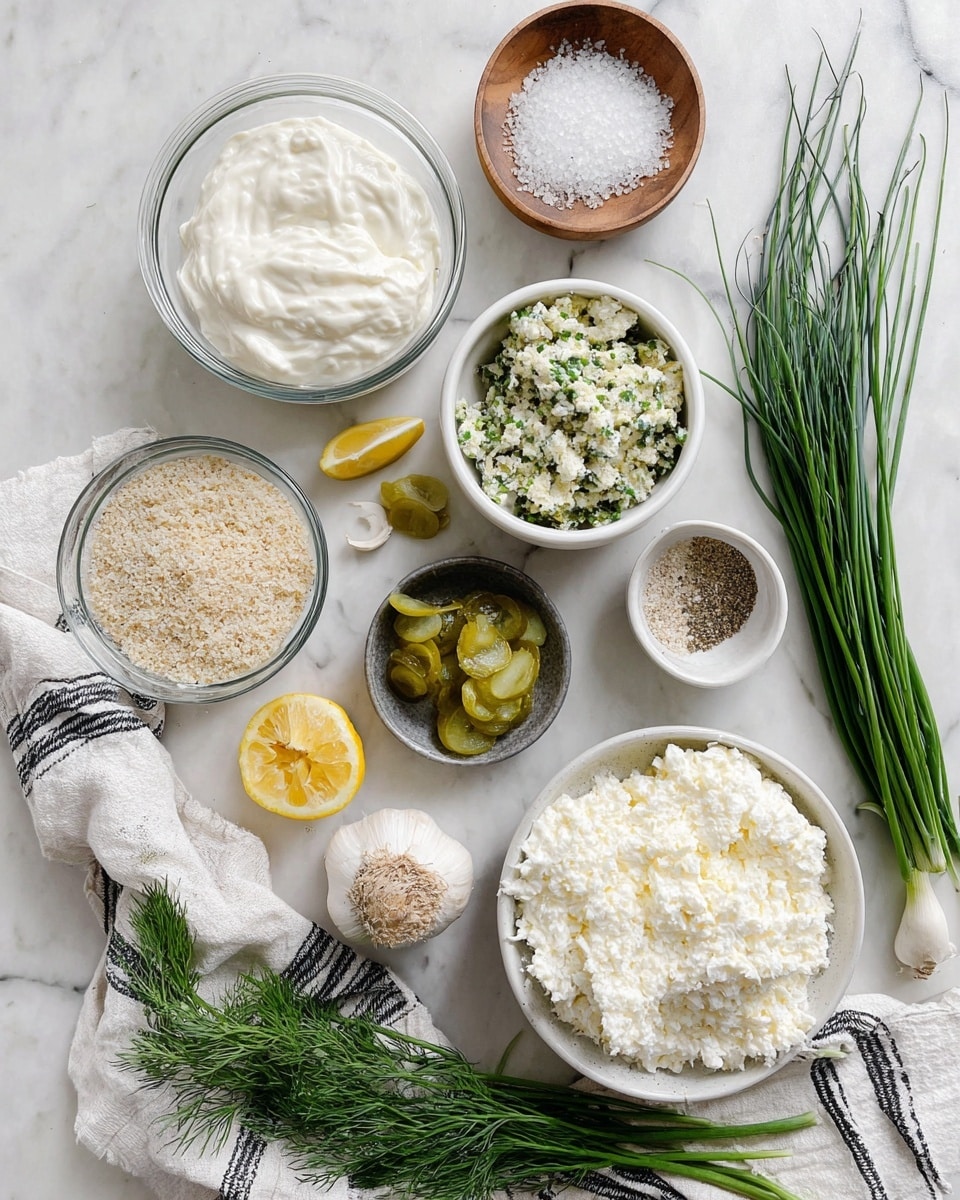The image shows several ingredients placed on a white marbled surface. At the top left, there is a clear glass bowl filled with thick white sour cream-like texture. Next to it on the right, there is a wide-mouth jar and a small white bowl, both filled with a crumbly white mixture with green herbs mixed in. To the right of these, there is a small wooden bowl with coarse white salt. Below these top items, there is a small metal bowl filled with dry light beige breadcrumbs and a clear glass bowl filled with small chopped green and yellow pickles. Below these, a bunch of green chives lies horizontally next to a bulb of garlic and a half lemon. Next to the chives, there are fresh green dill sprigs. On the bottom right, there is a round white bowl filled with fluffy white ricotta cheese placed on a white cloth with black stripes. There are also two small white bowls one with black pepper and another with a pale powdery yellow seasoning. Photo taken with an iphone --ar 4:5 --v 7