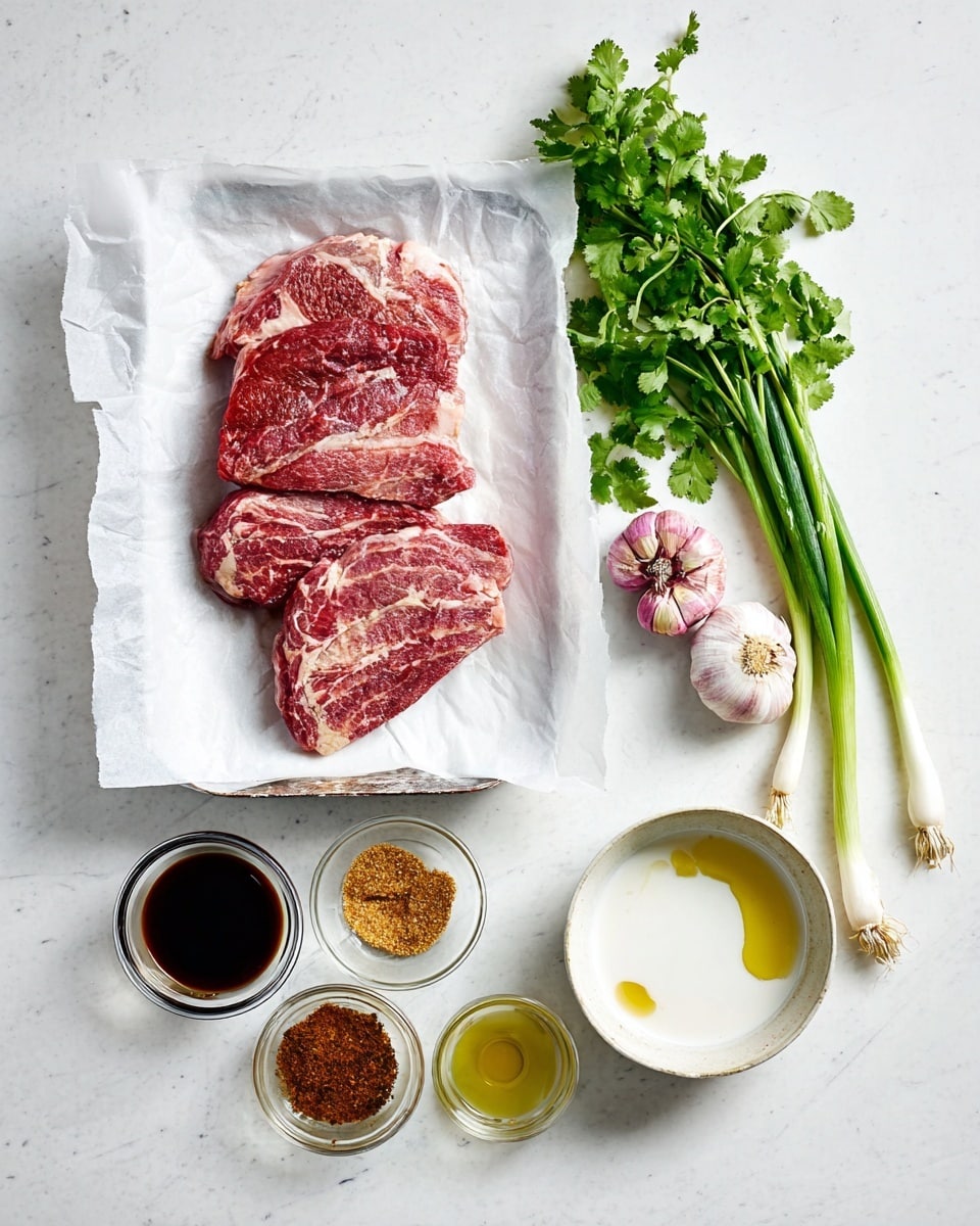 The image shows a flat tray lined with white paper holding three marbled red and pink pieces of raw meat with fat streaks, placed on a white marbled surface. To the right of the tray, there is a round bowl with a white inner surface filled with white creamy liquid and splashes of brown and yellow oil on top. Below, there are small clear glass bowls containing a dark brown liquid, a medium brown granular substance, a red sauce, and a transparent light yellow liquid. Two light green onions with white bulbs lie next to the bowls and two heads of garlic with purple and white skin rest above them. On the left side near the bowls, a bunch of fresh green cilantro with leafy texture is placed. The overall setting is clean and organized, with all items on a white marbled background. photo taken with an iphone --ar 4:5 --v 7